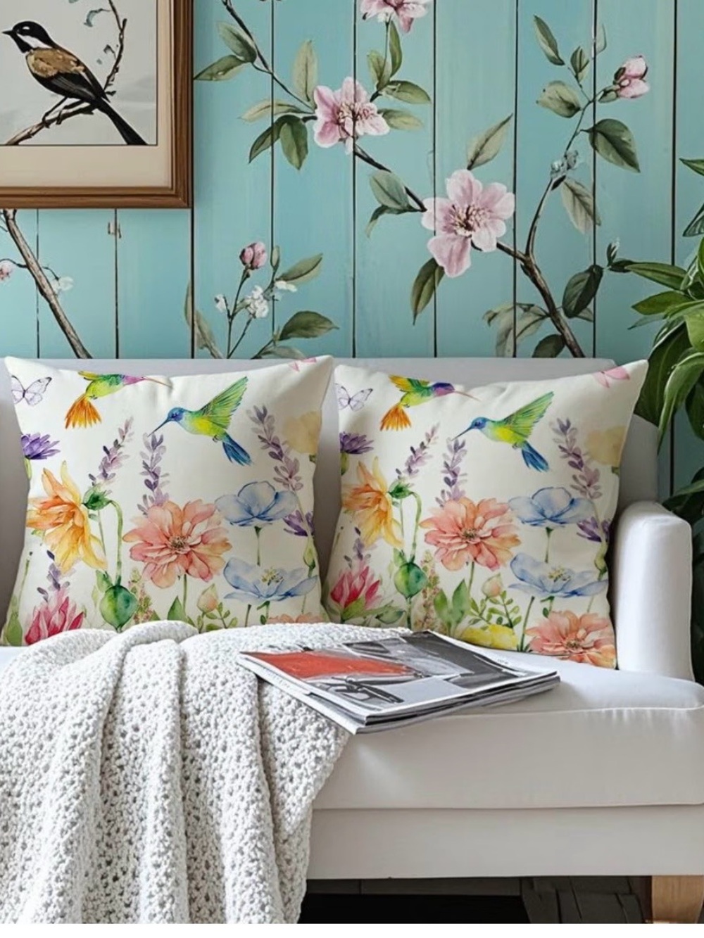 Set of Two Floral Hummingbird Outdoor Pillow Covers White Background NWOT